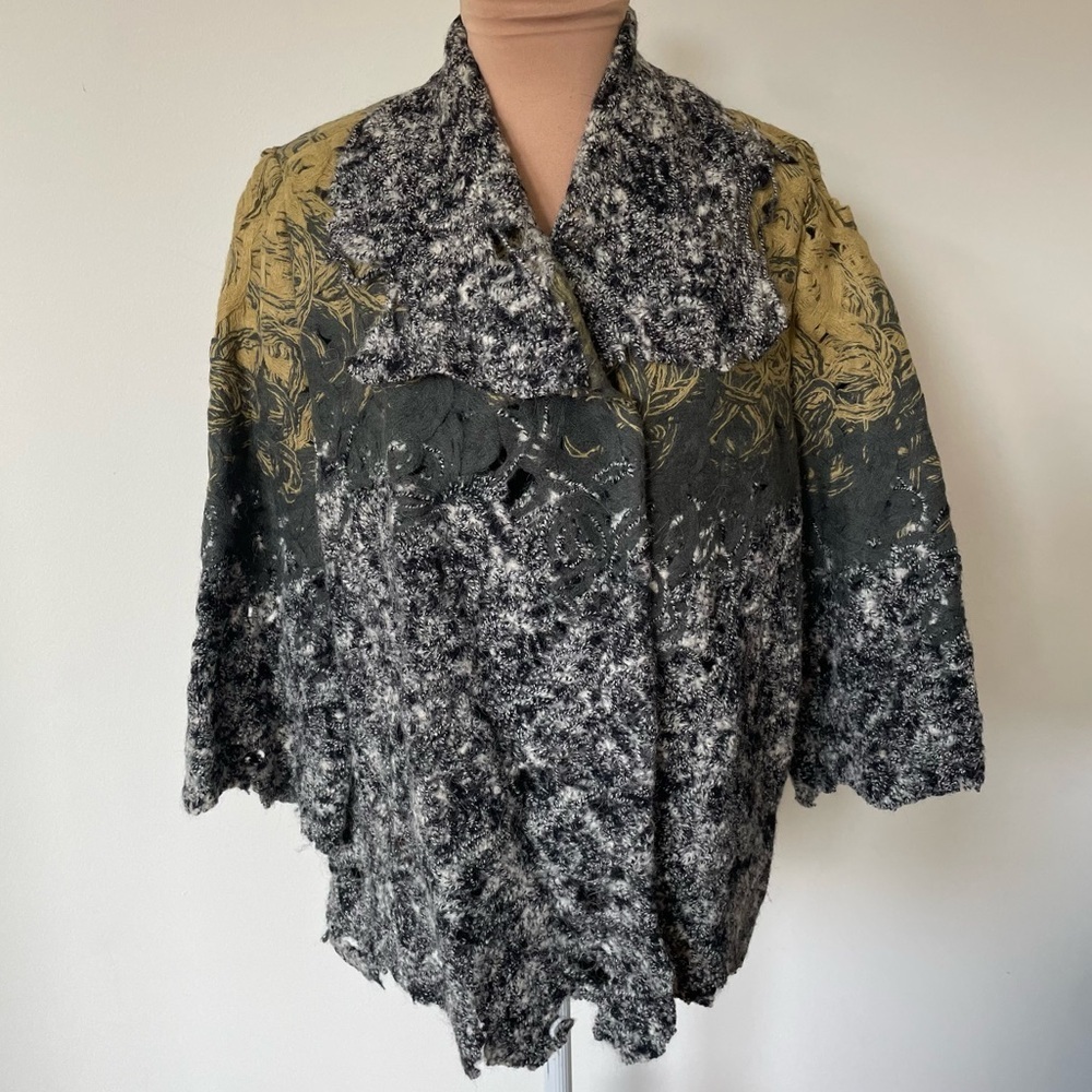 Candiss Cole Art to Wear Woven Wool Gray Mutli 3/4 Sleeve Lagenlook Jacket EUC S